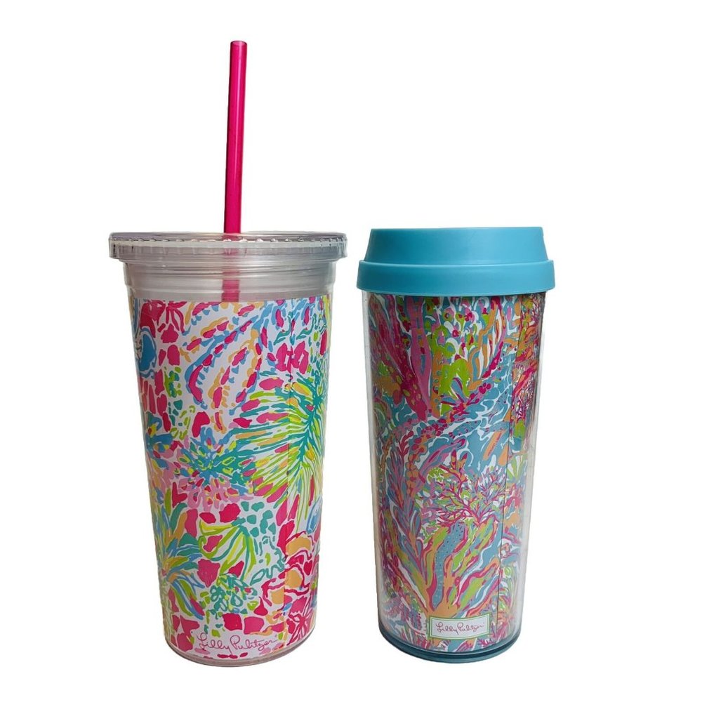 Lilly Pulitzer Tropical Travel Tumblers Drinkware Lid and Straw 16 Oz Set of 2